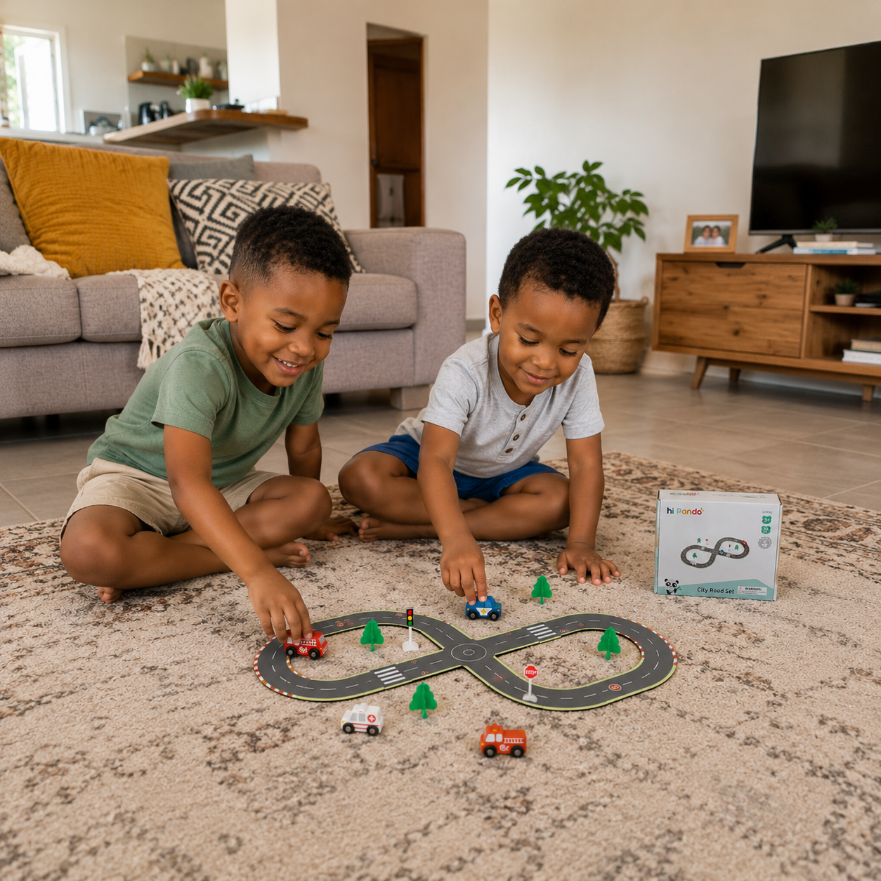 Boys playing with Hi Pando City Road Set on carpet