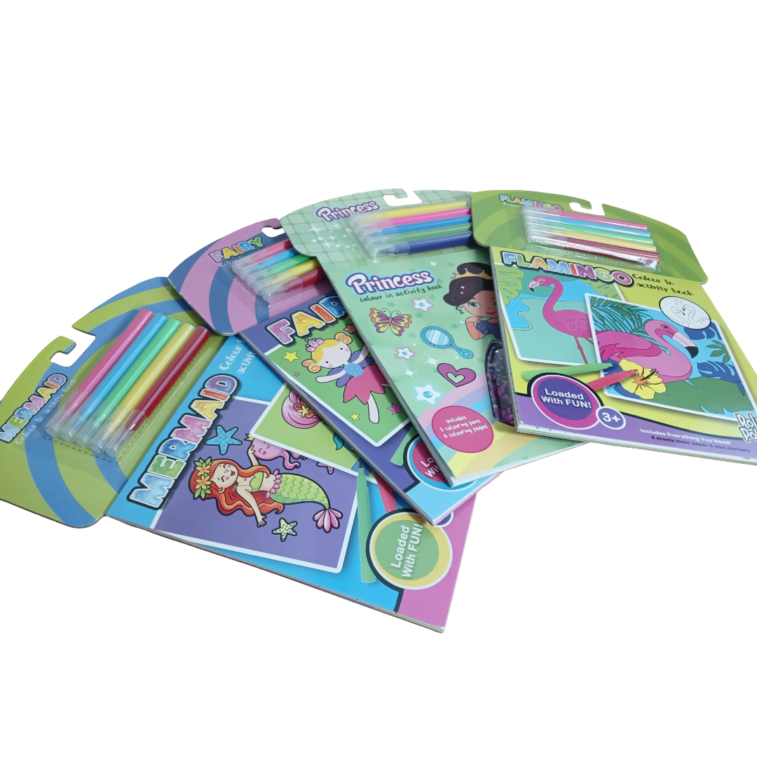 Colorful children's activity packs with different themes