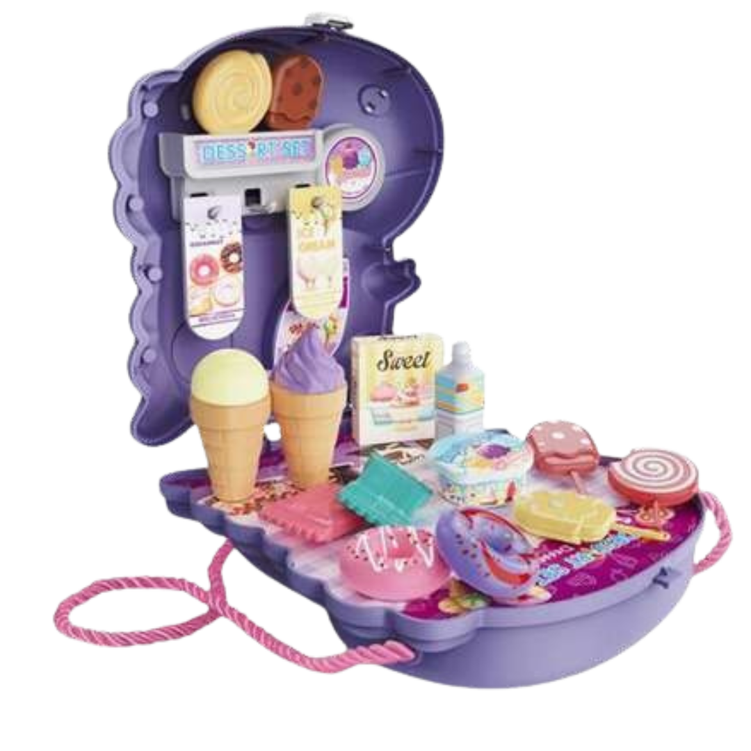 Toy ice cream sundae maker with various accessories on a white background