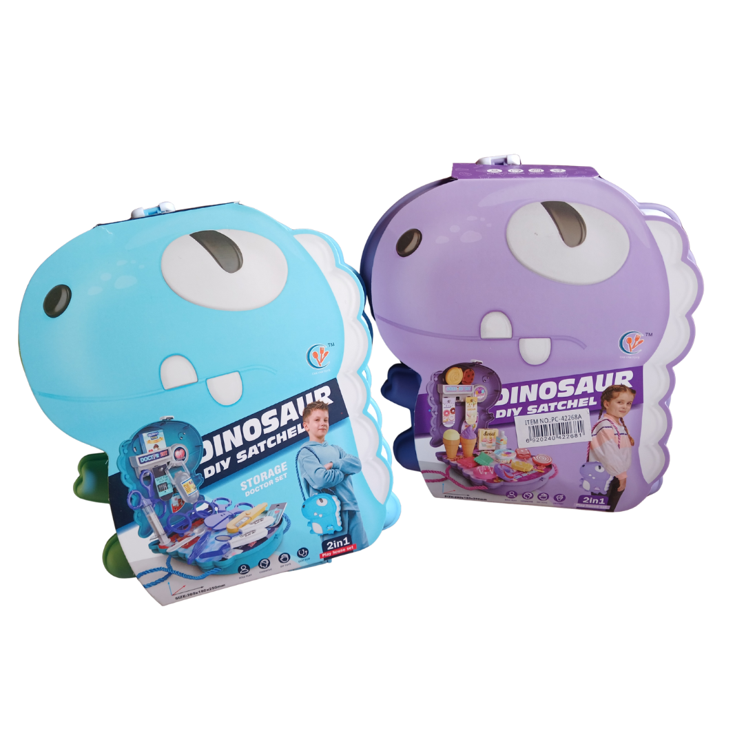 Two dinosaur-shaped DIY satchels, one blue and one purple