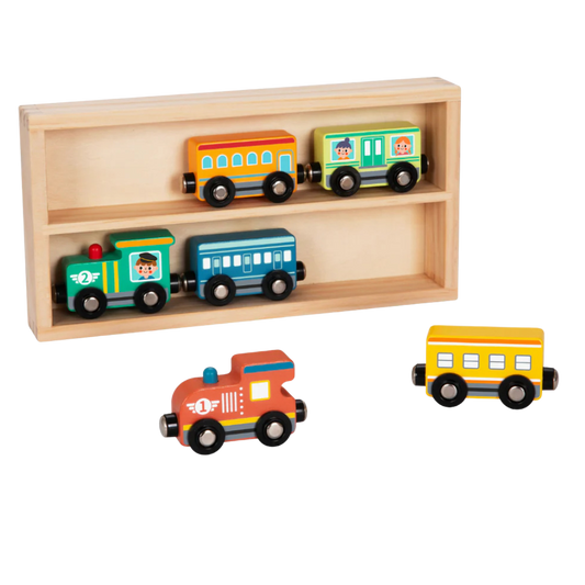 Set of colorful wooden magnetic toy trains in a wooden display case on a white background