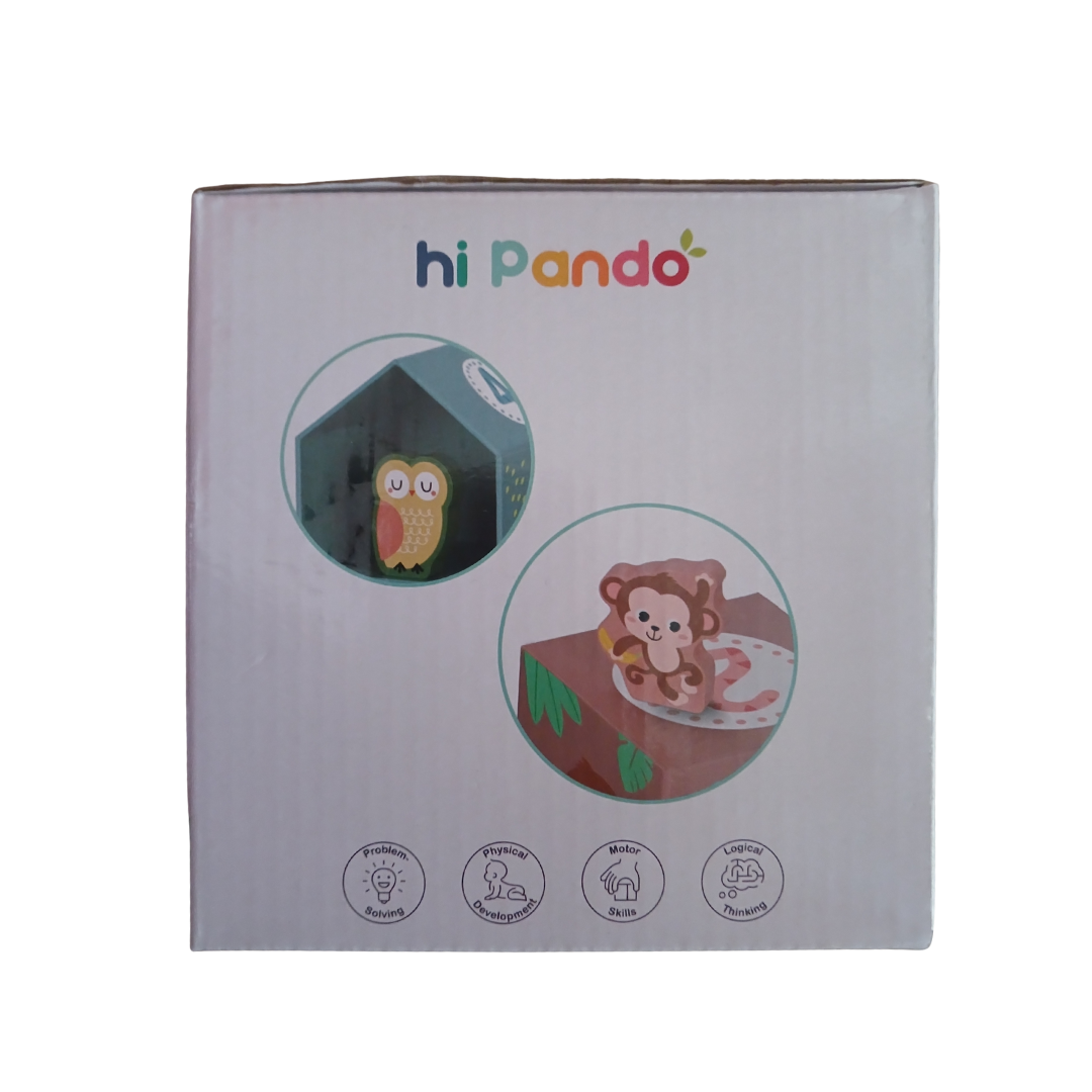 Four colorful animal themed nesting boxes stacked into a tower with a wooden panda, monkey, owl, and koala figure.