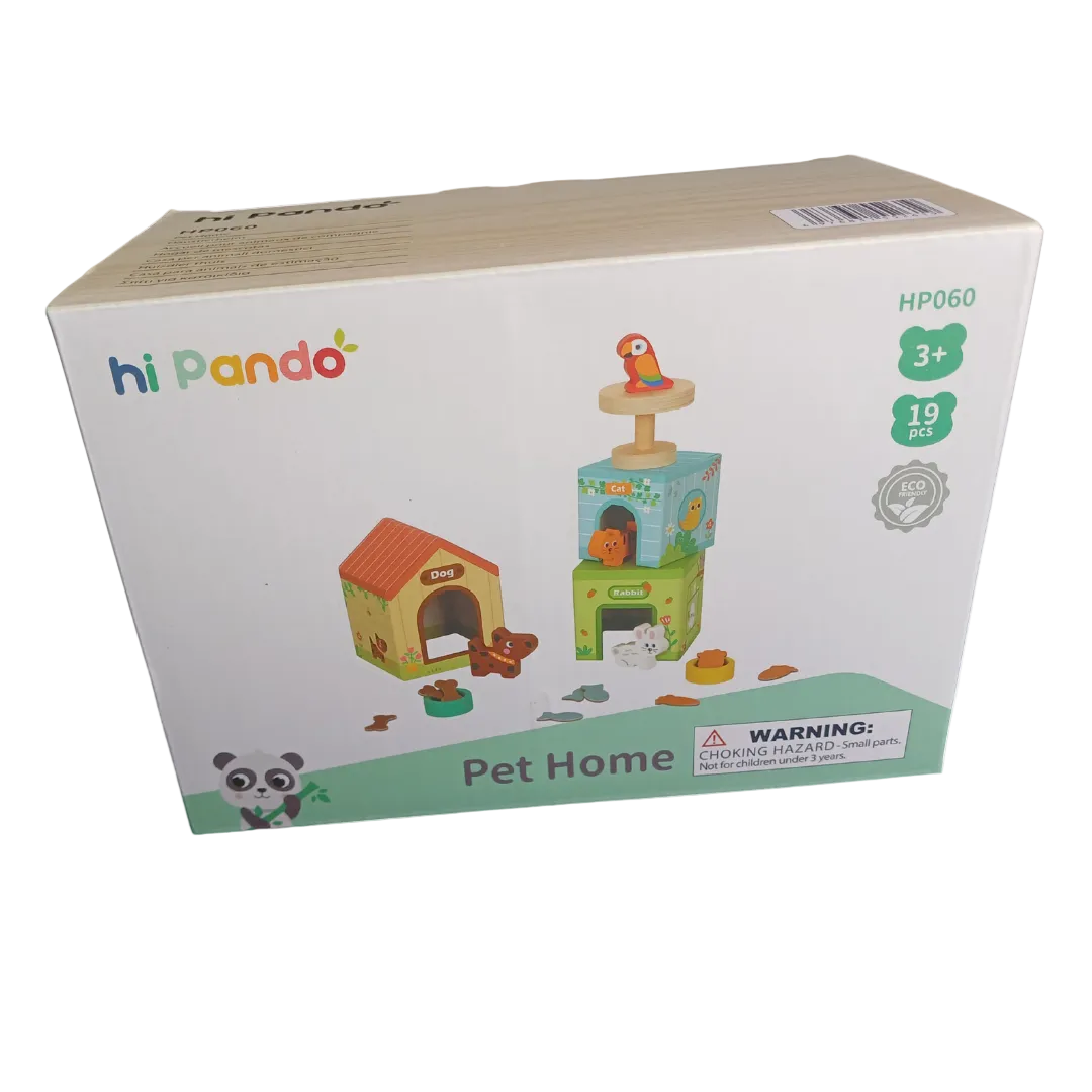Three colorful wooden pet houses stacked with a wooden toy dog, cat, and rabbit sitting in front.