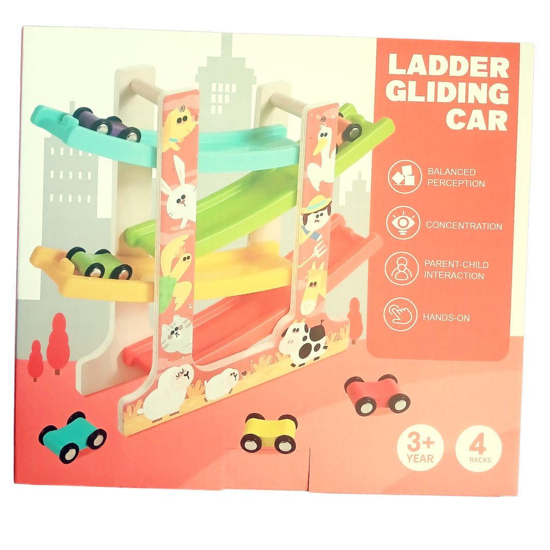 Toddler playing with a wooden ladder gliding car race track featuring four colorful ramps and animal illustrations.