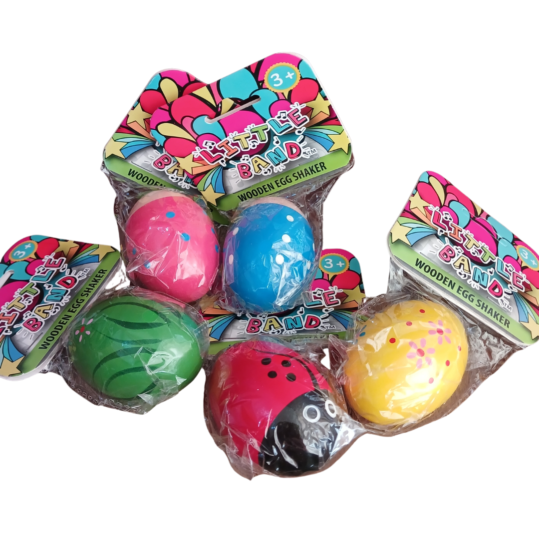Wooden egg shaker with blue spotted design