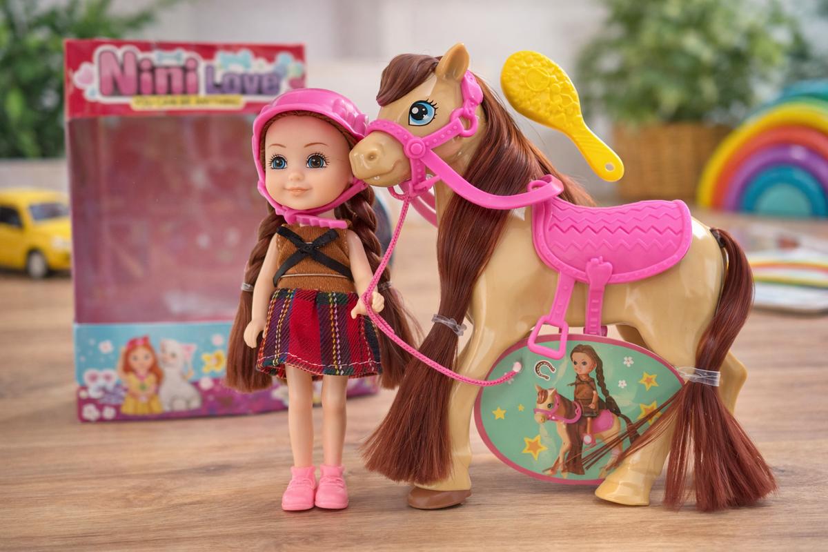 Nini Love doll and horse set shown in a lifestyle setting