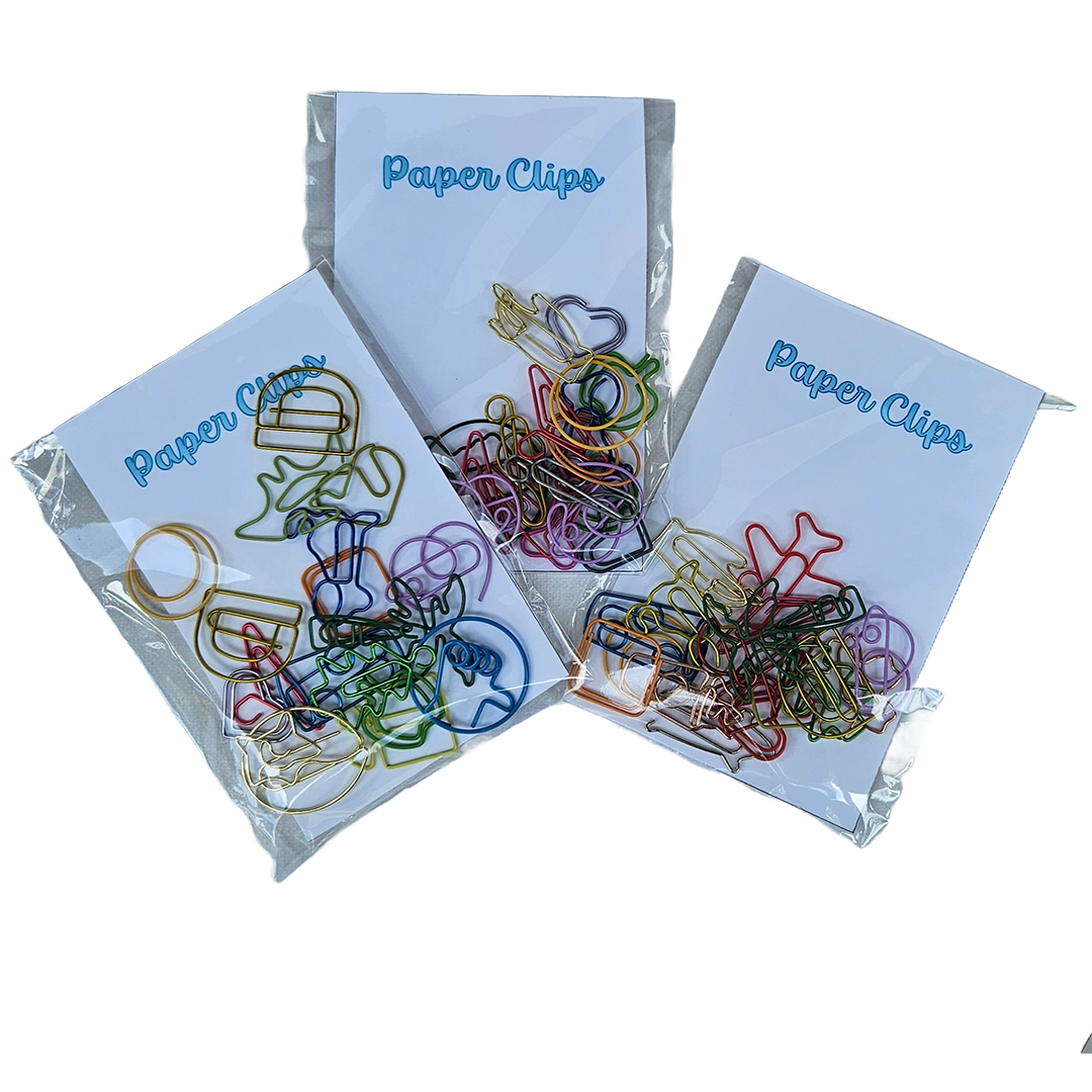Fun-shaped paperclips shown in their retail packet