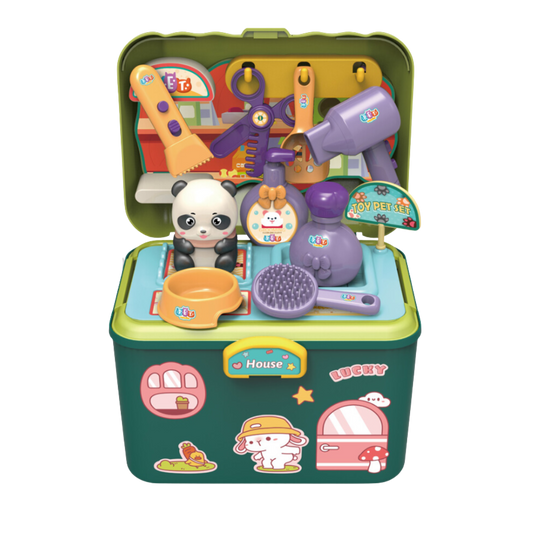Toy grooming set with panda figure and various tools in a green suitcase on a white background