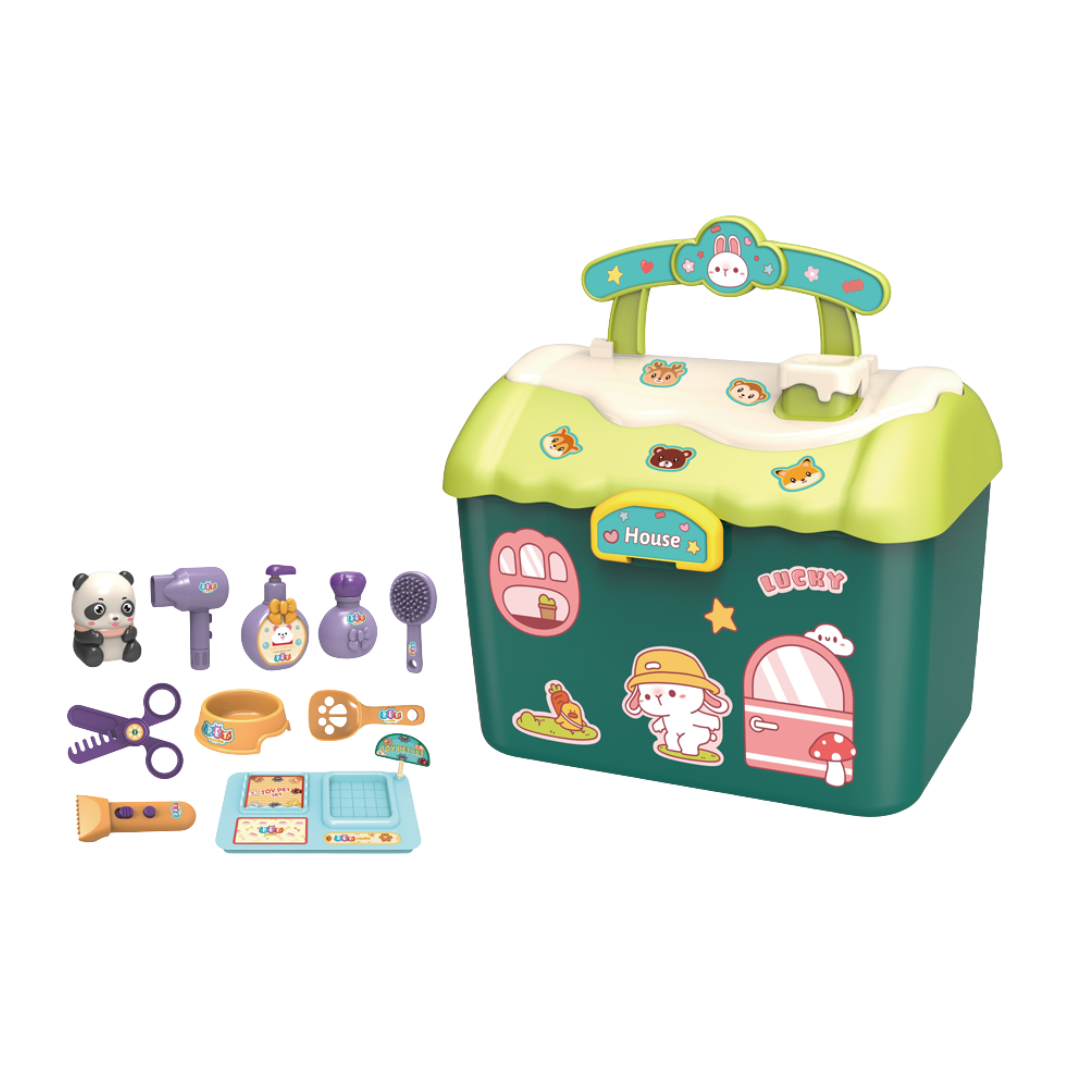 Children's toy vanity set with various accessories on a white background