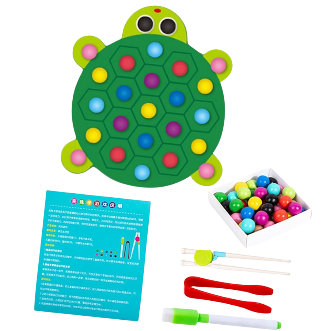 QIYI Wooden Pincer Bead Game showing wooden tweezers and colorful beads with turtle and octopus themed boards