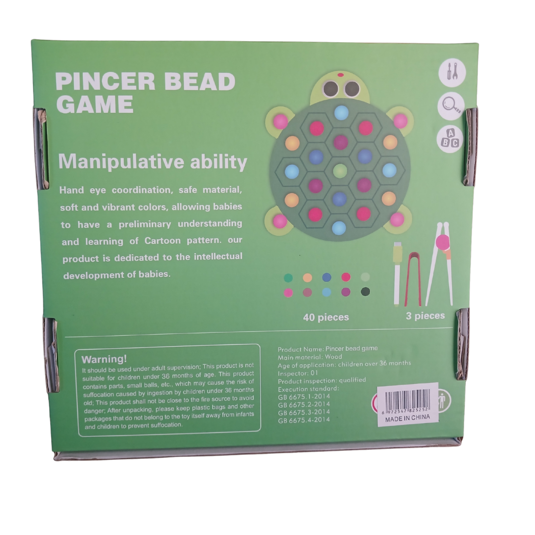 QIYI Wooden Pincer Bead Game showing wooden tweezers and colorful beads with turtle and octopus themed boards