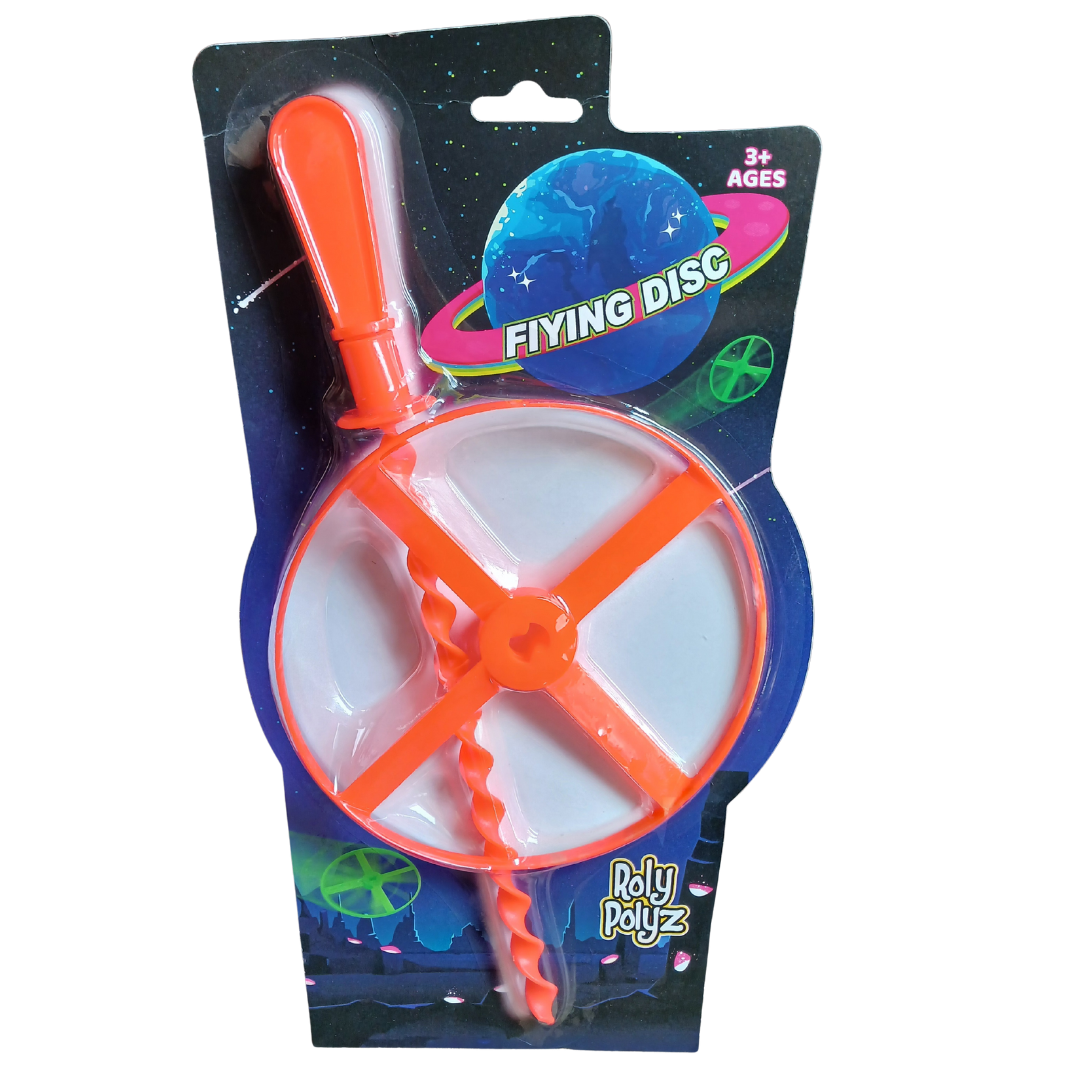 Orange and white flying disc toy in packaging with 'Roly Polyz' branding.