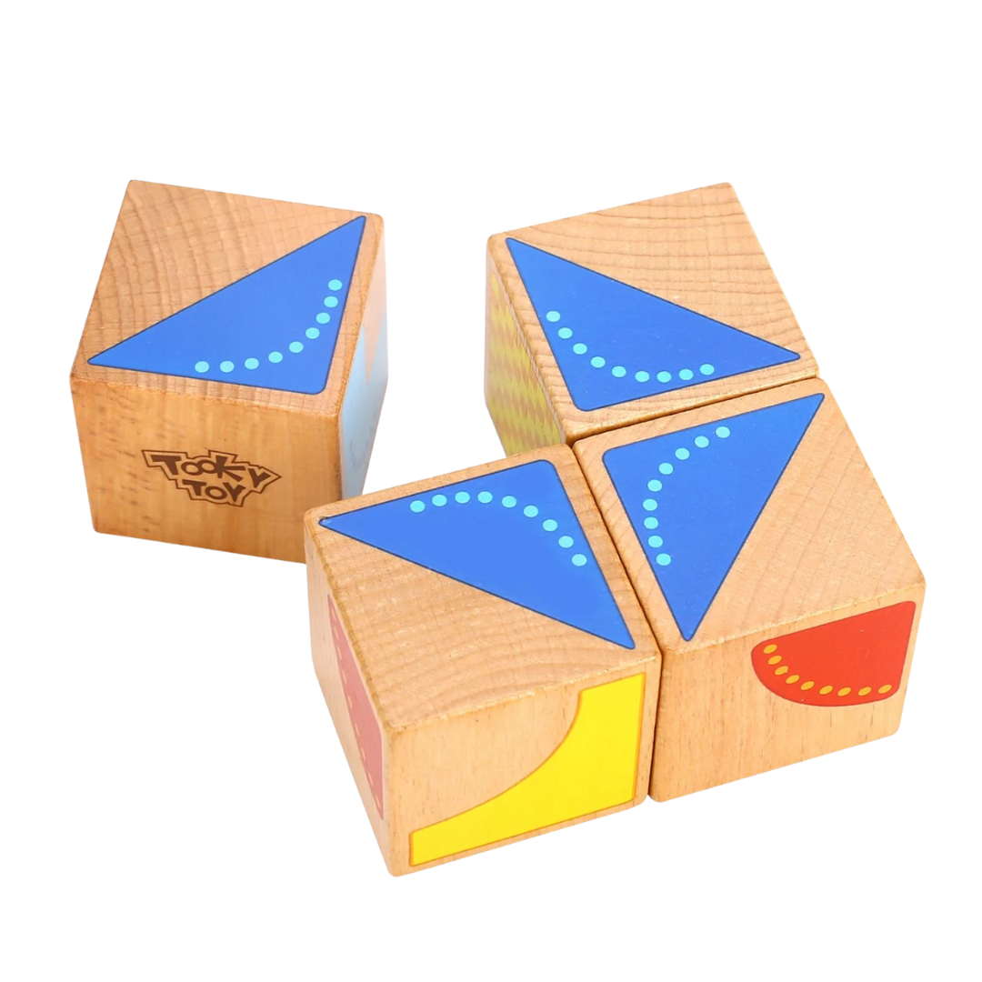Tooky Toy Wooden geometric shape blocks with blue and red shapes background