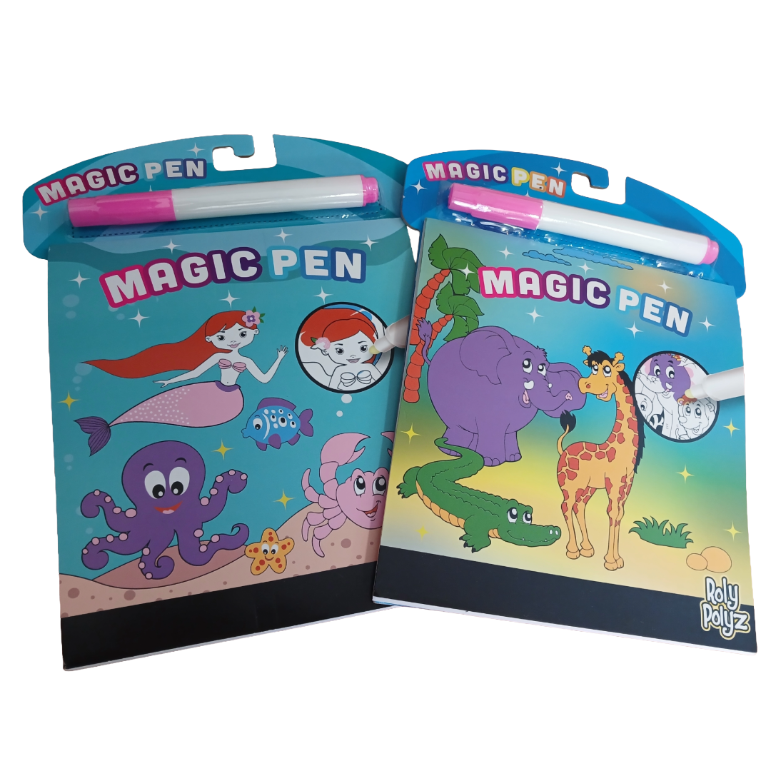 Two packages of a magic pen with colorful designs