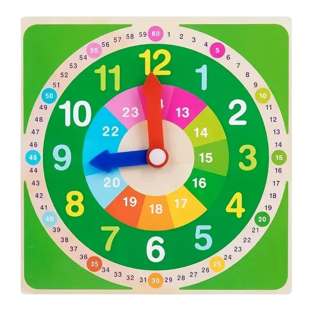 Child adjusting the hands on the wooden teaching clock
