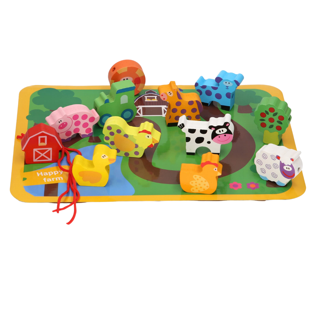 Wooden farm play set featuring 13 colorful animal pieces and a play mat for toddlers