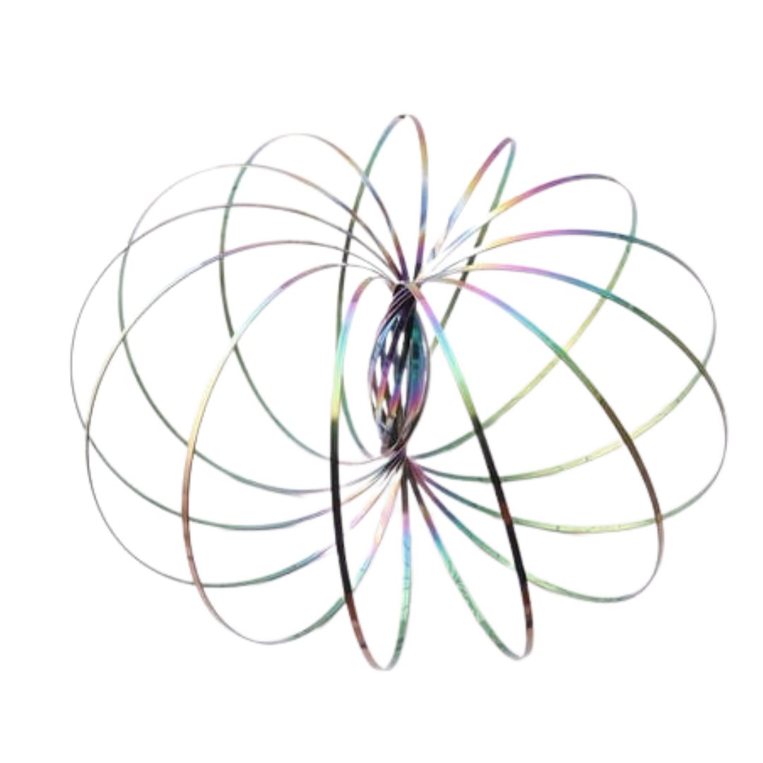 Colorful metal spirograph toy on a white background
