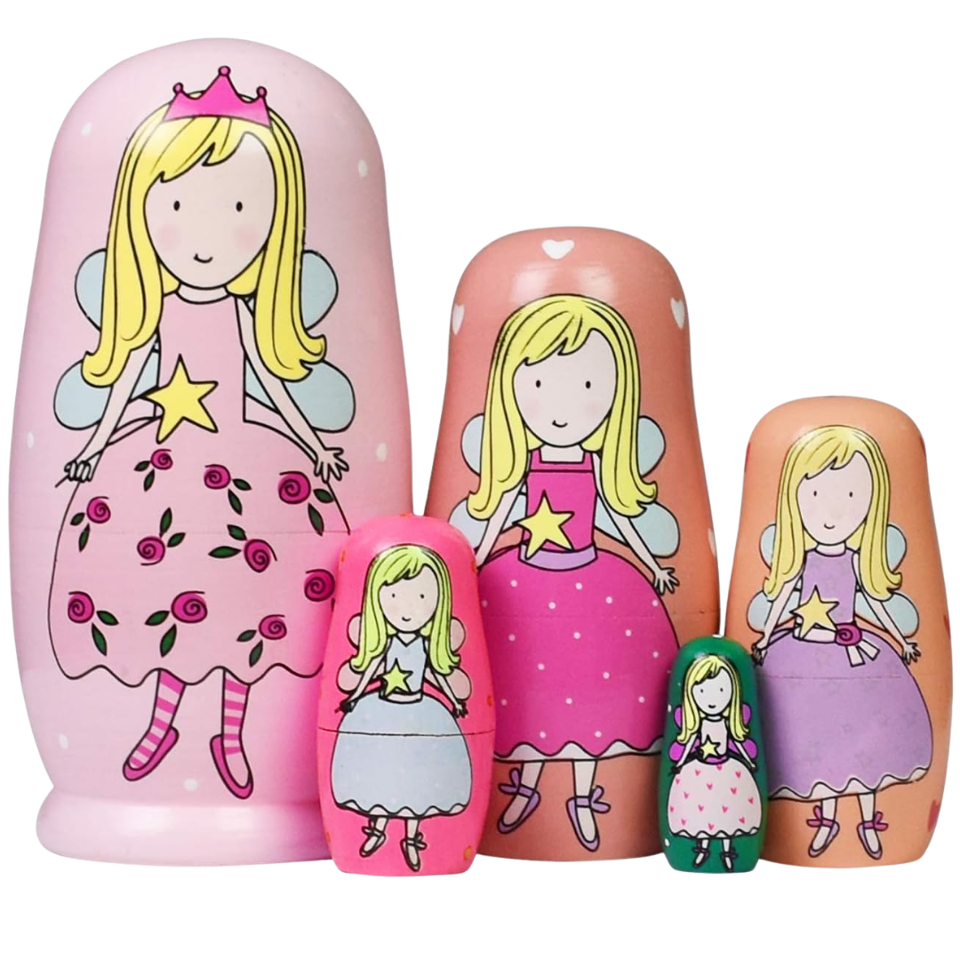 Set of nesting dolls with fairy design on a white background