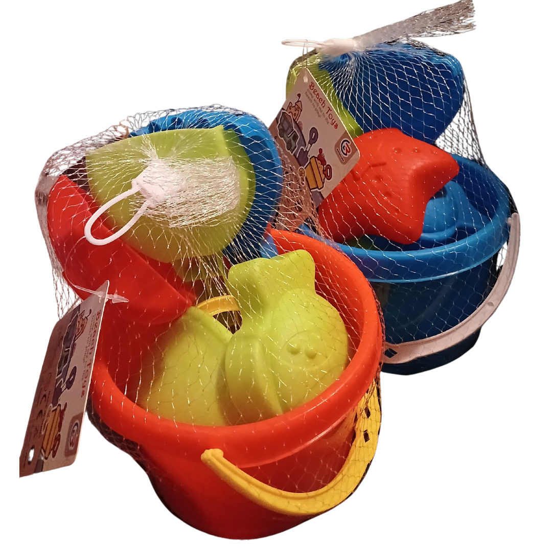 Multi-coloured 4-piece beach bucket and sand toy set in a mesh bag. Includes blue bucket, red star mould, and digging tools.
