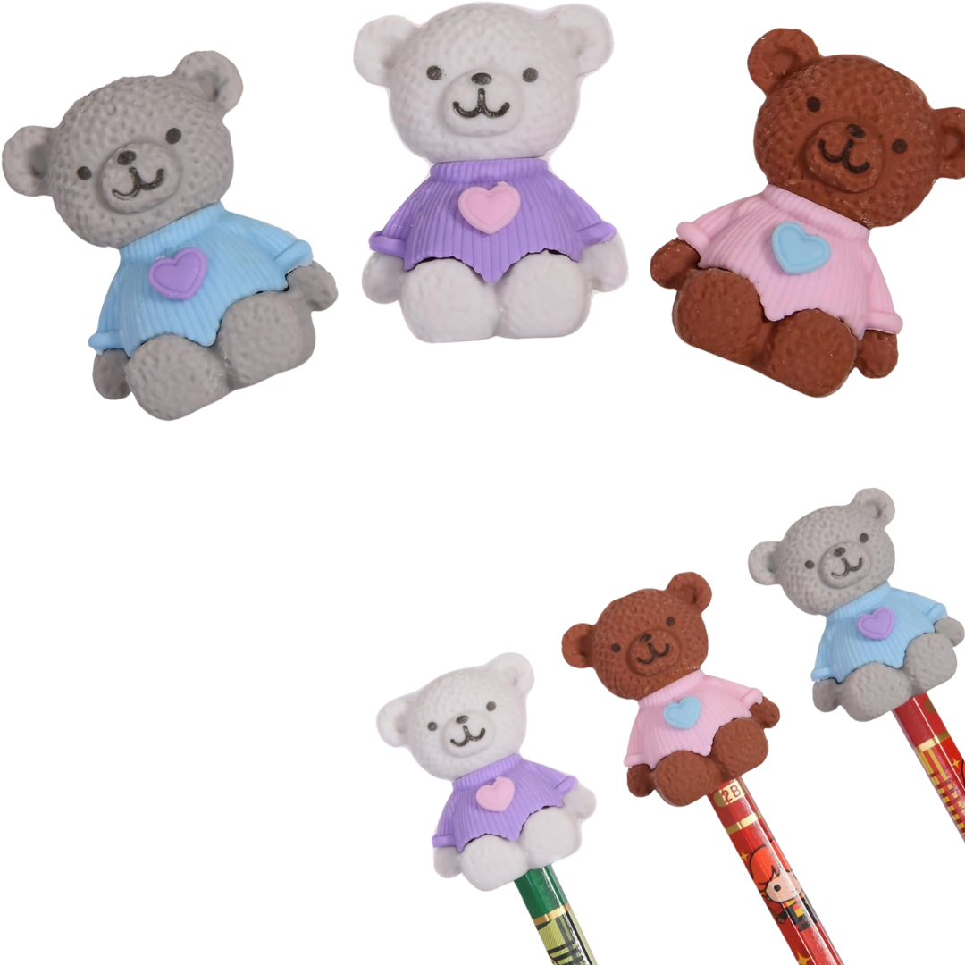 A group of colorful 3D bear puzzle erasers in various colors including blue, pink, and brown.
