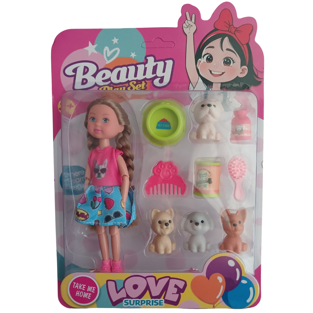 A small-scale doll and four tiny puppy figures with miniature pet care accessories