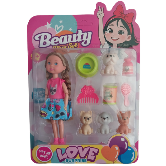 A small-scale doll and four tiny puppy figures with miniature pet care accessories
