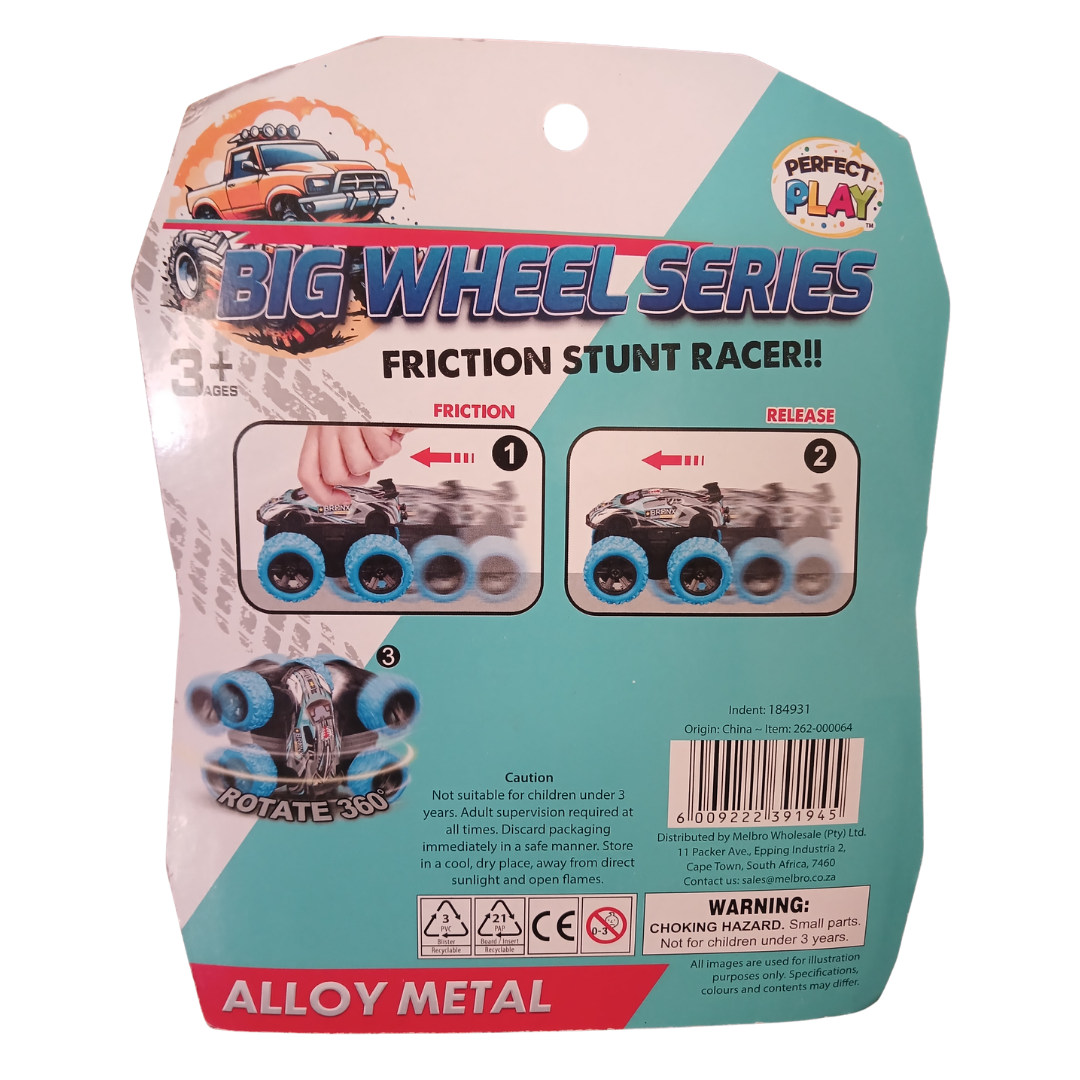 Two Big Wheel Series Friction Stunt Racer toy cars in yellow and black packaging showing stunt capabilities.