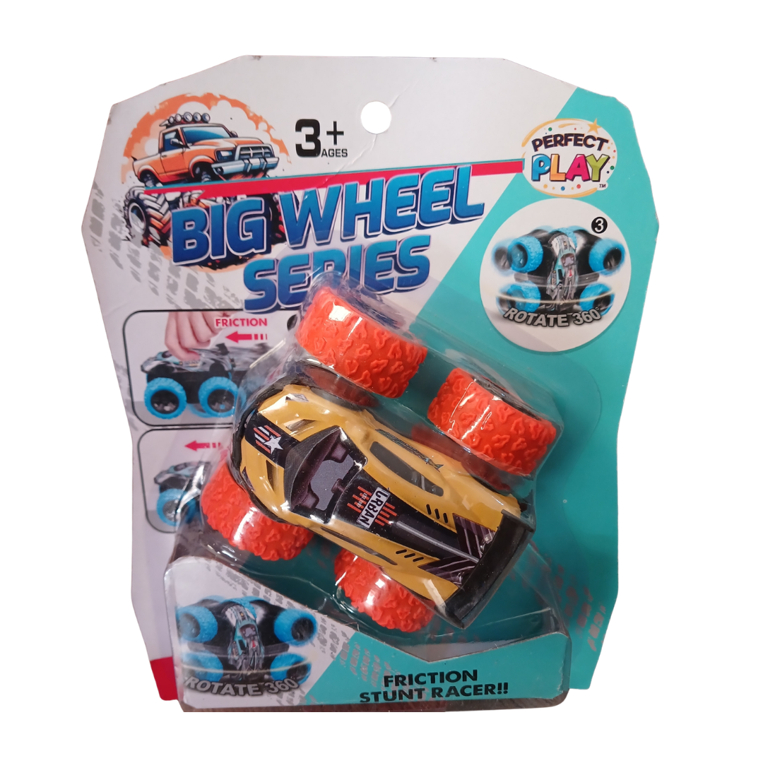 Two Big Wheel Series Friction Stunt Racer toy cars in yellow and black packaging showing stunt capabilities.
