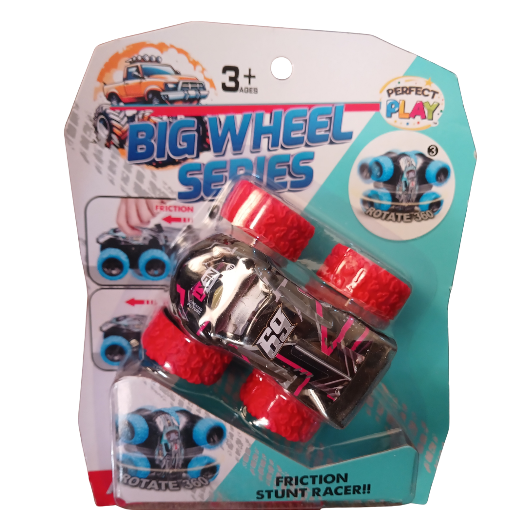 Two Big Wheel Series Friction Stunt Racer toy cars in yellow and black packaging showing stunt capabilities.