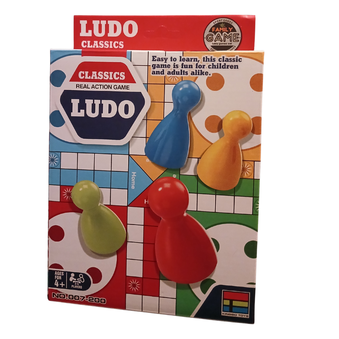 Classic Ludo board game box showing the red, blue, green, and yellow pawns on the game board. Suitable for ages 4 and up.