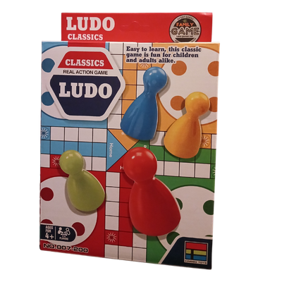 Classic Ludo board game box showing the red, blue, green, and yellow pawns on the game board. Suitable for ages 4 and up.