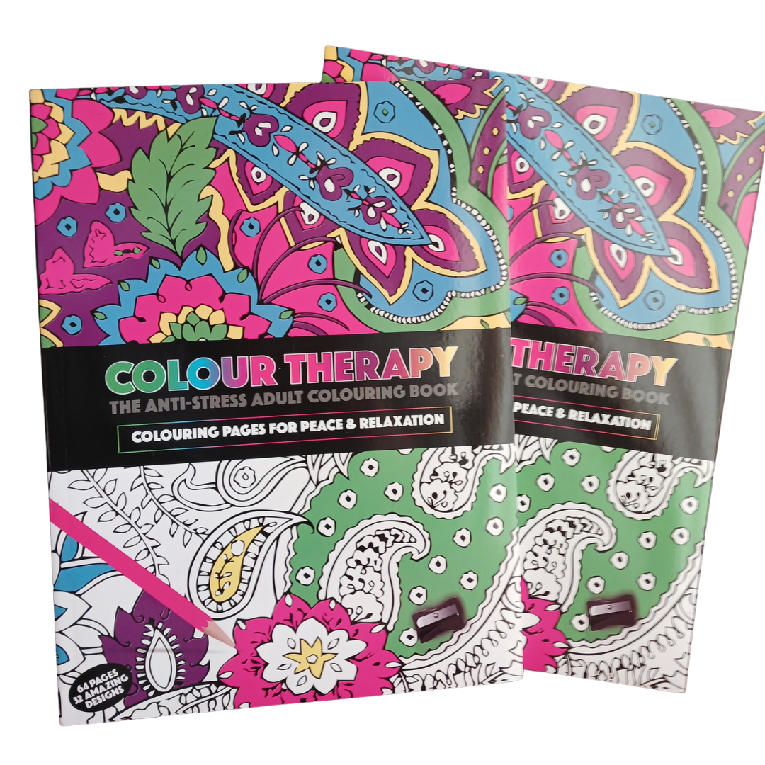 Colour Therapy Anti-Stress Adult Colouring Book featuring colorful paisley and floral patterns with 32 amazing designs.