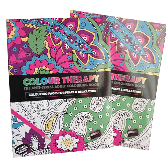 Colour Therapy Anti-Stress Adult Colouring Book featuring colorful paisley and floral patterns with 32 amazing designs.