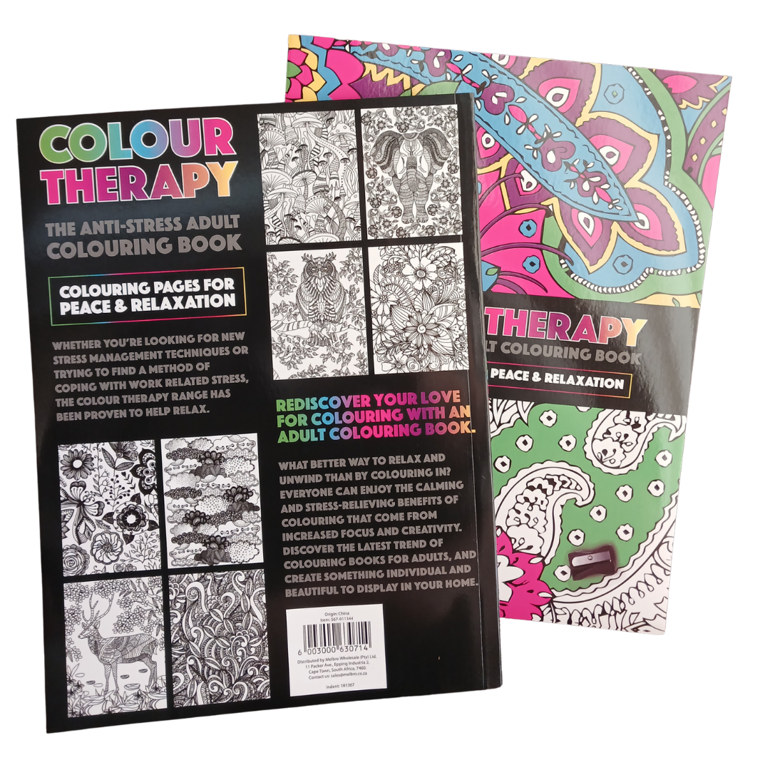Colour Therapy Anti-Stress Adult Colouring Book featuring colorful paisley and floral patterns with 32 amazing designs.