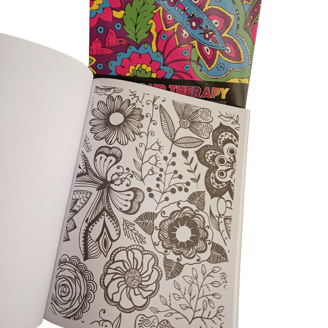 Colour Therapy Anti-Stress Adult Colouring Book featuring colorful paisley and floral patterns with 32 amazing designs.