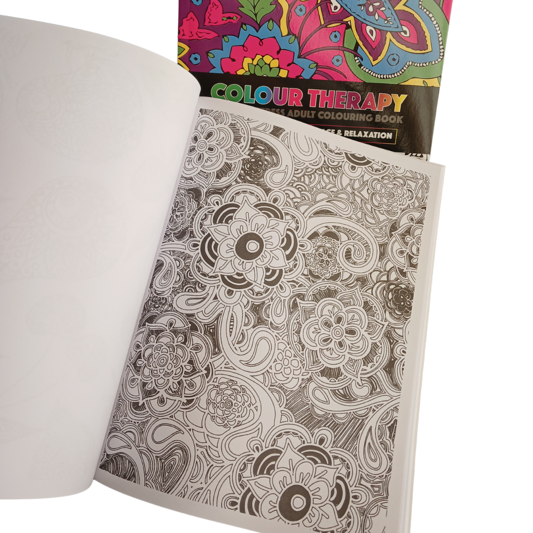 Colour Therapy Anti-Stress Adult Colouring Book featuring colorful paisley and floral patterns with 32 amazing designs.