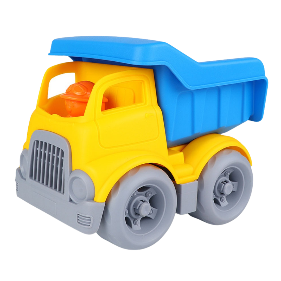 Yellow and blue recycled plastic dump truck toy with orange driver figure