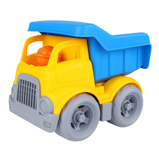 Yellow and blue recycled plastic dump truck toy with orange driver figure