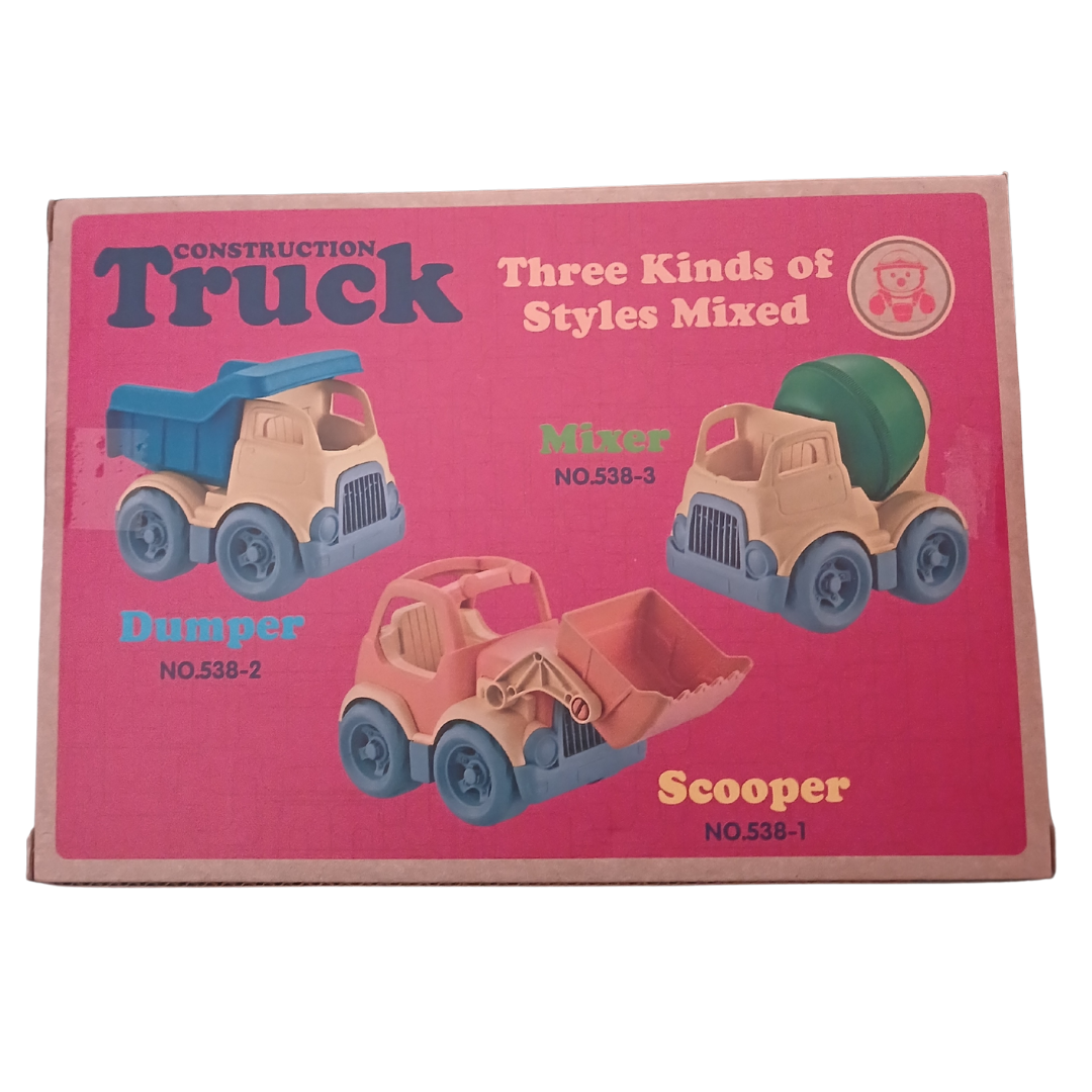 Construction Truck box back showing the three available styles: Dumper, Mixer and Scooper