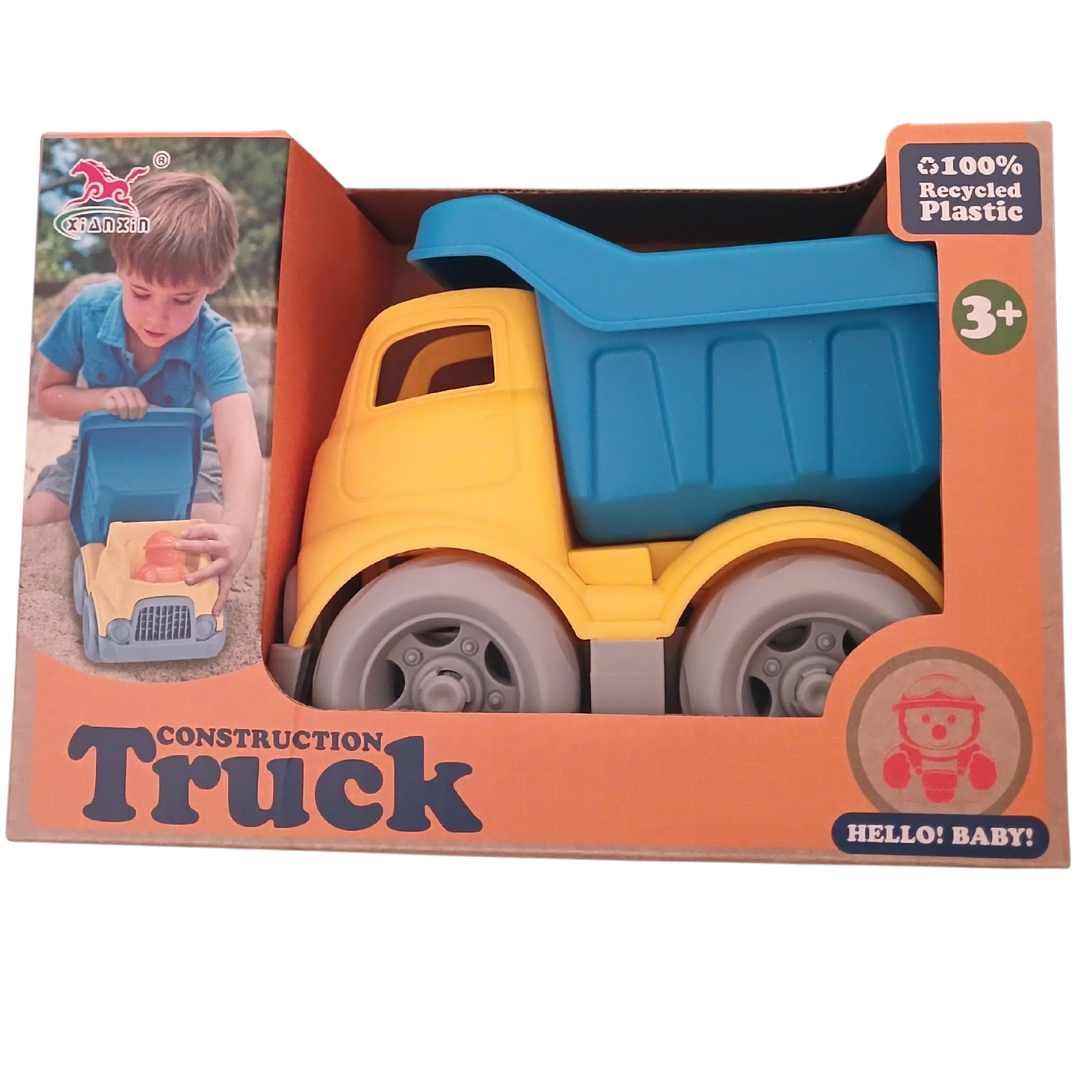 XIANXIN Construction Truck retail box front, showing 100% recycled plastic and ages 3+ badges