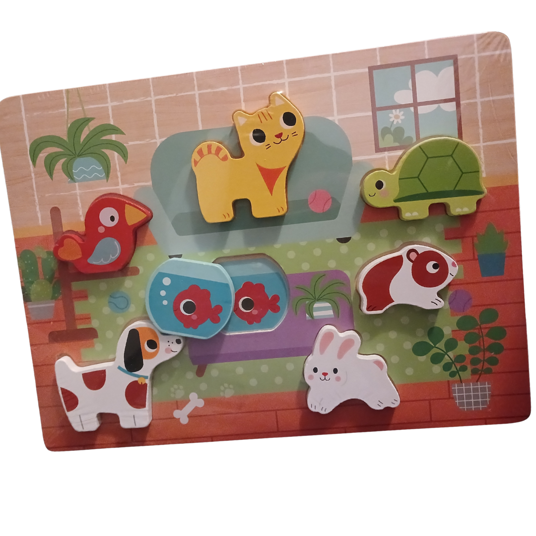 Chunky Wooden Pets Puzzle showing a living room scene with a cat, dog, rabbit, turtle, and bird. Pieces are thick for toddler hands.