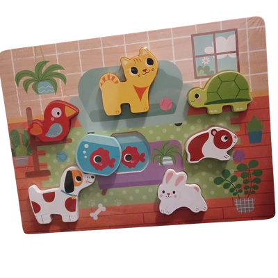 Chunky Wooden Pets Puzzle showing a living room scene with a cat, dog, rabbit, turtle, and bird. Pieces are thick for toddler hands.