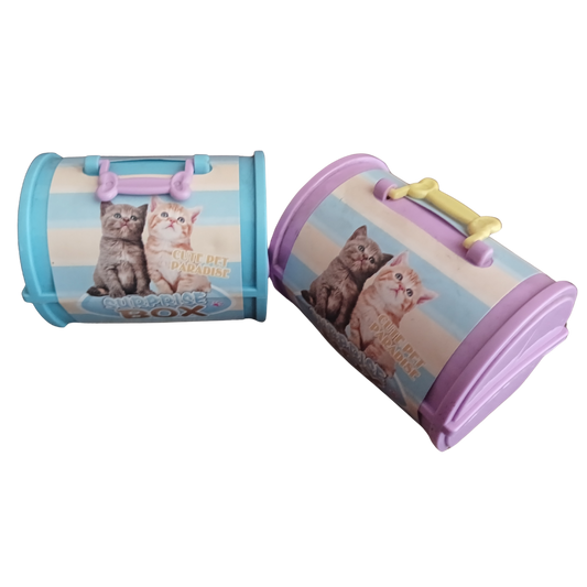 Two colorful toy pet carriers in blue and purple featuring kittens on the front label