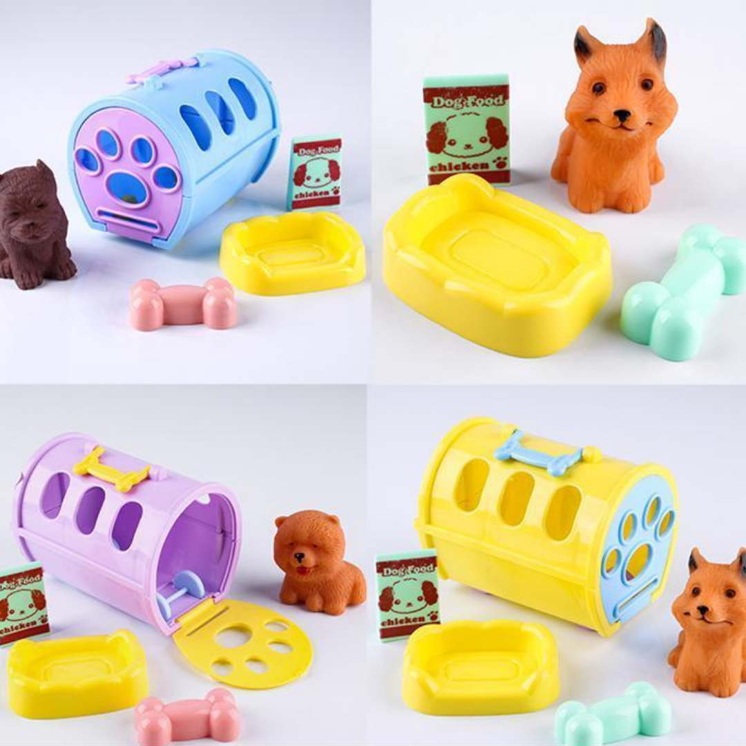 Two colorful toy pet carriers in blue and purple featuring kittens on the front label