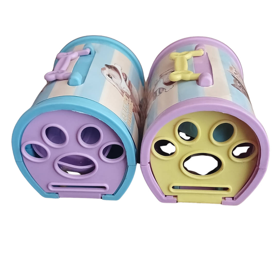 Two colorful toy pet carriers in blue and purple featuring kittens on the front label