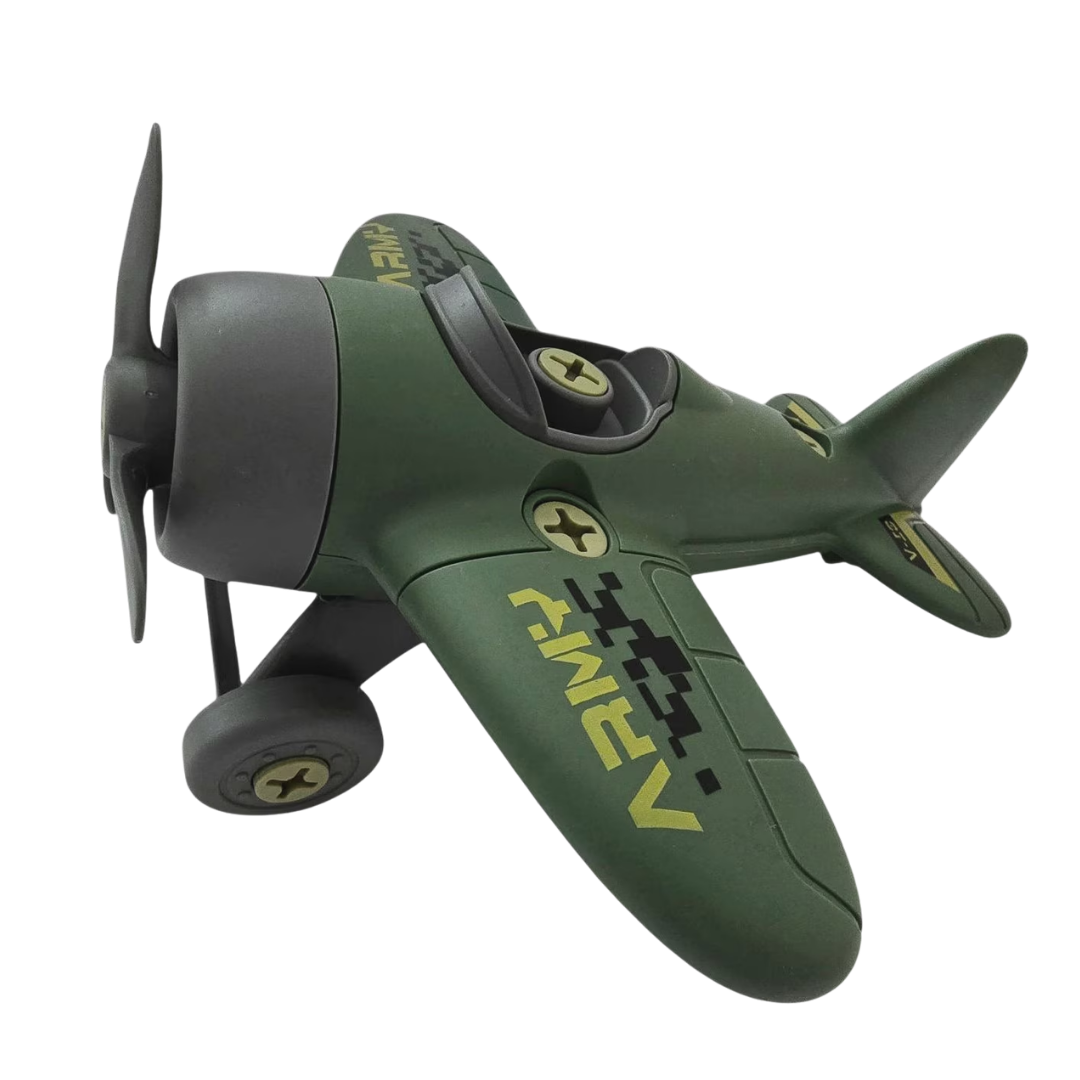 DIY Army Plane construction toy with green wings and a toy screwdriver for assembly.