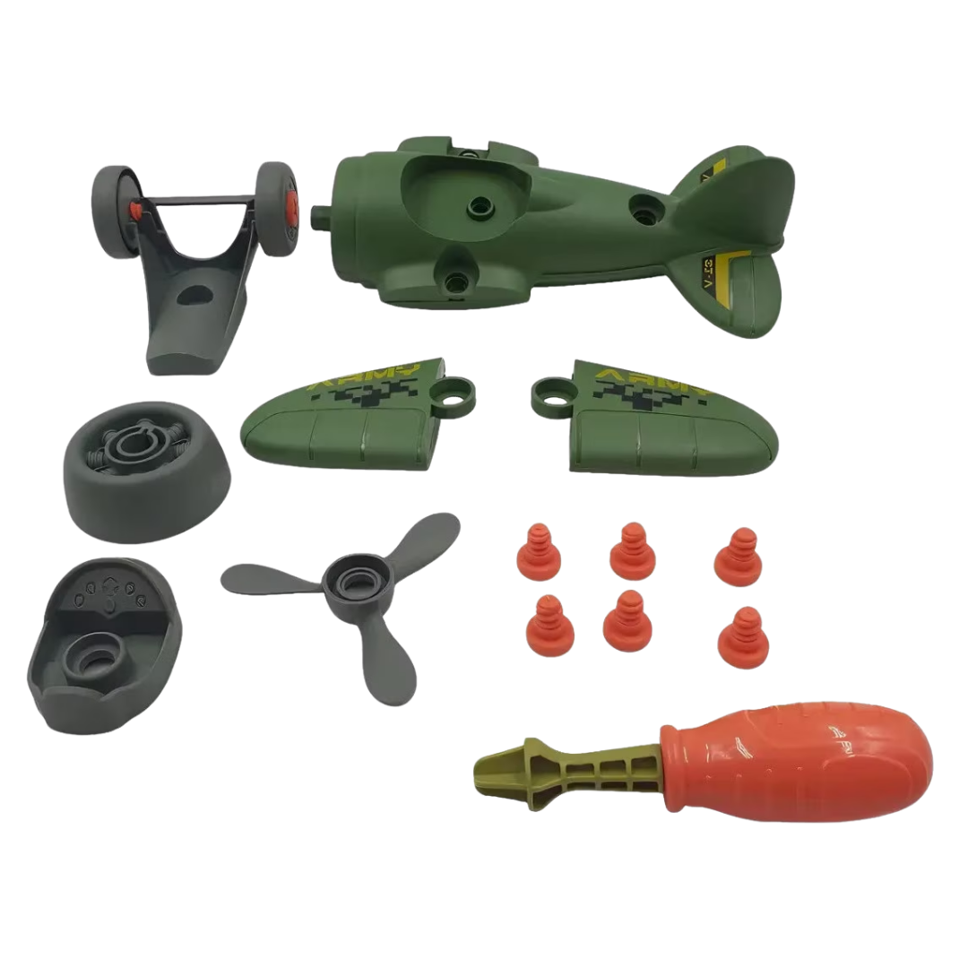 DIY Army Plane construction toy with green wings and a toy screwdriver for assembly.