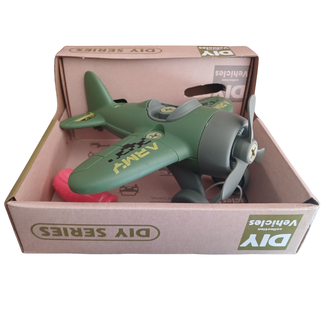 DIY Army Plane construction toy with green wings and a toy screwdriver for assembly.