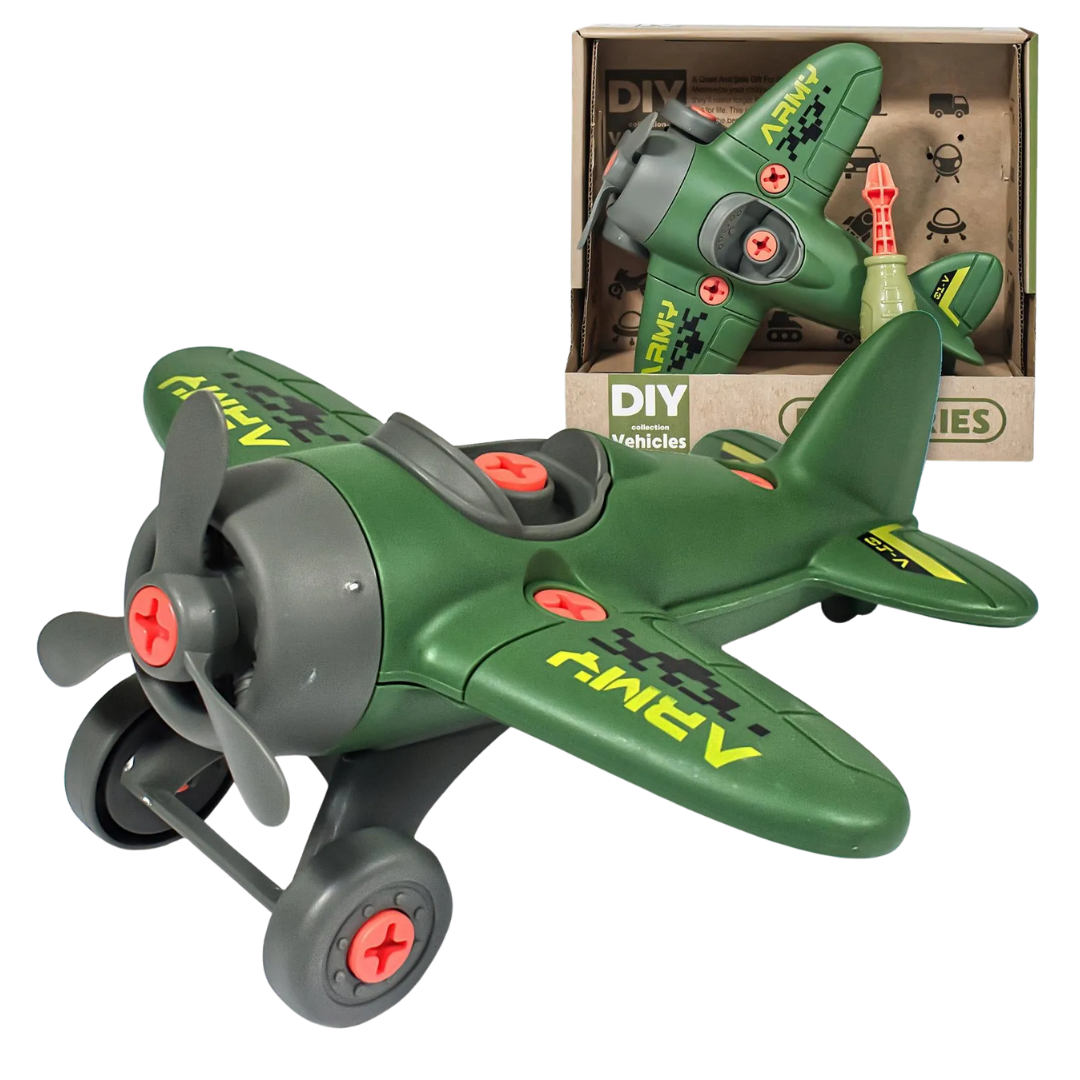 DIY Army Plane construction toy with green wings and a toy screwdriver for assembly.