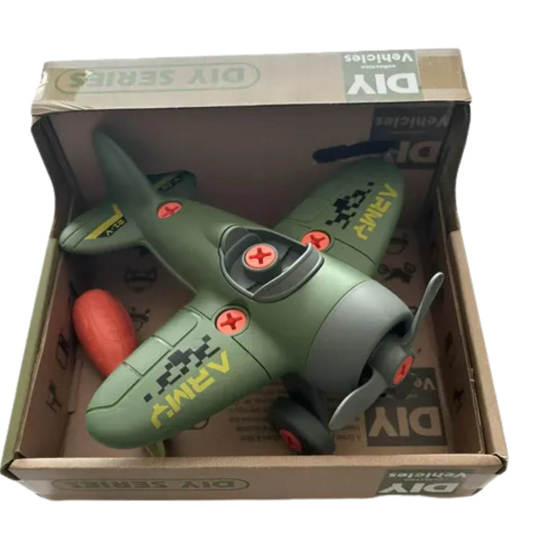 DIY Army Plane construction toy with green wings and a toy screwdriver for assembly.
